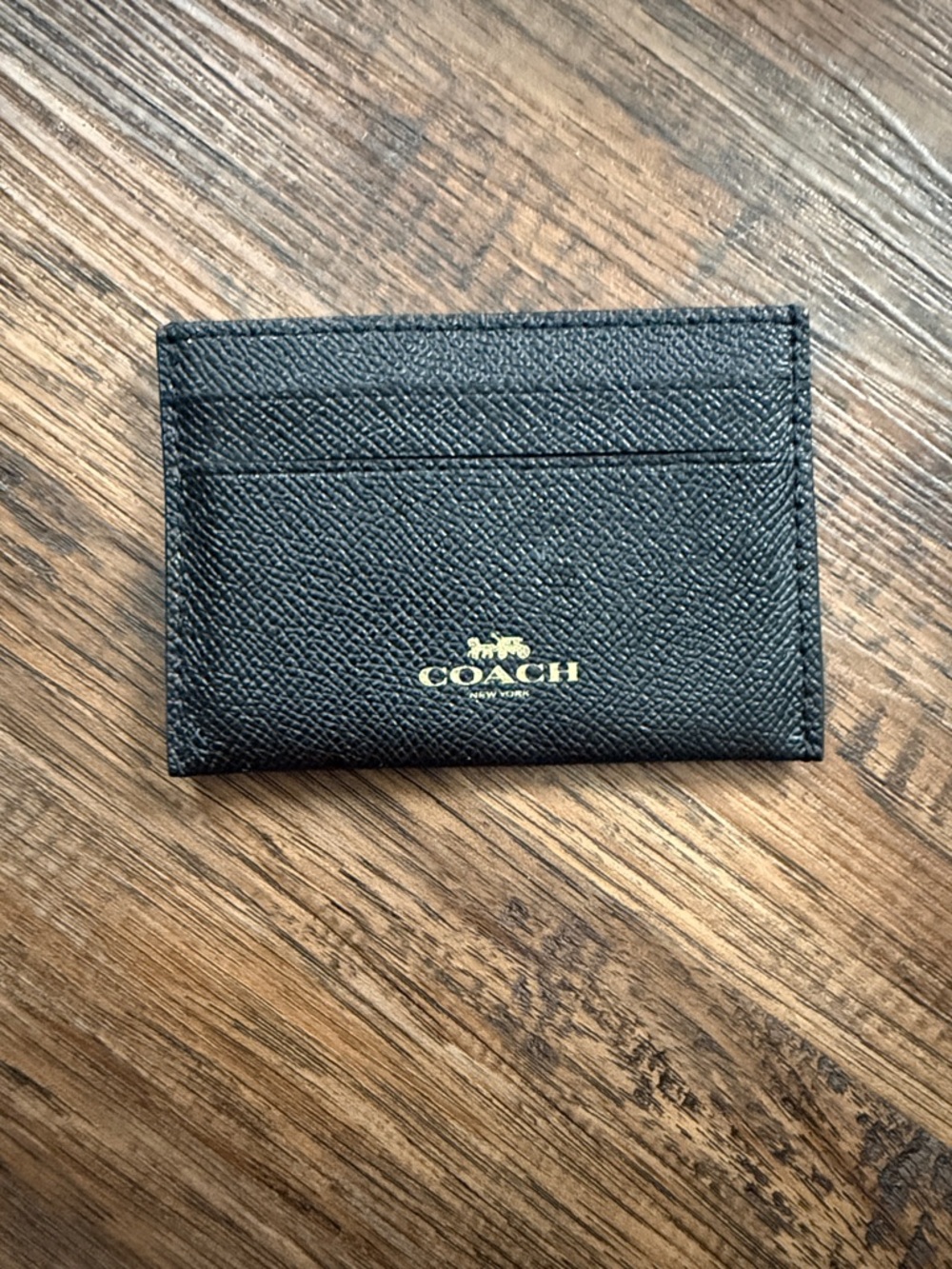Coach Black Textured Leather Card Holder with Gold Logo